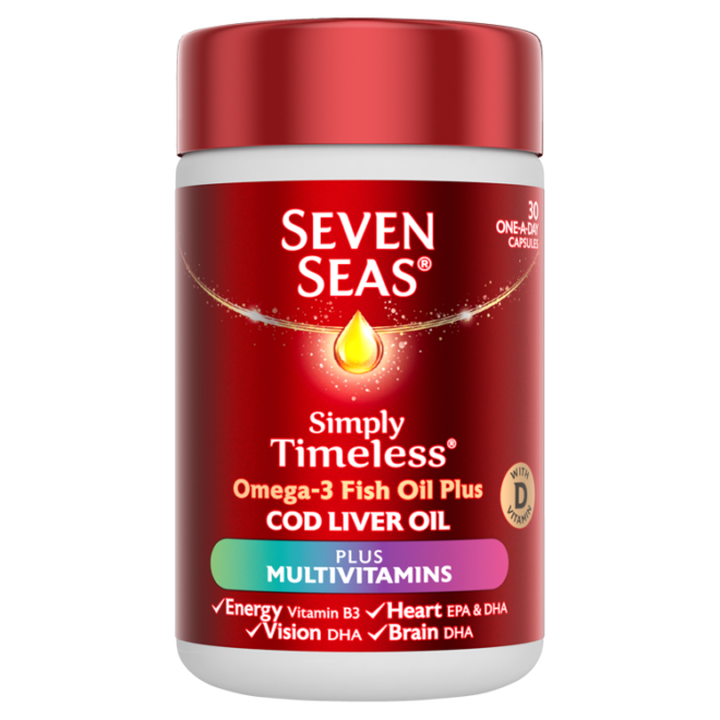 Seven Seas Cod Liver Oil Omega-3 Fish Oil Plus Multivitamins 30 One-a-Day Capsules Front